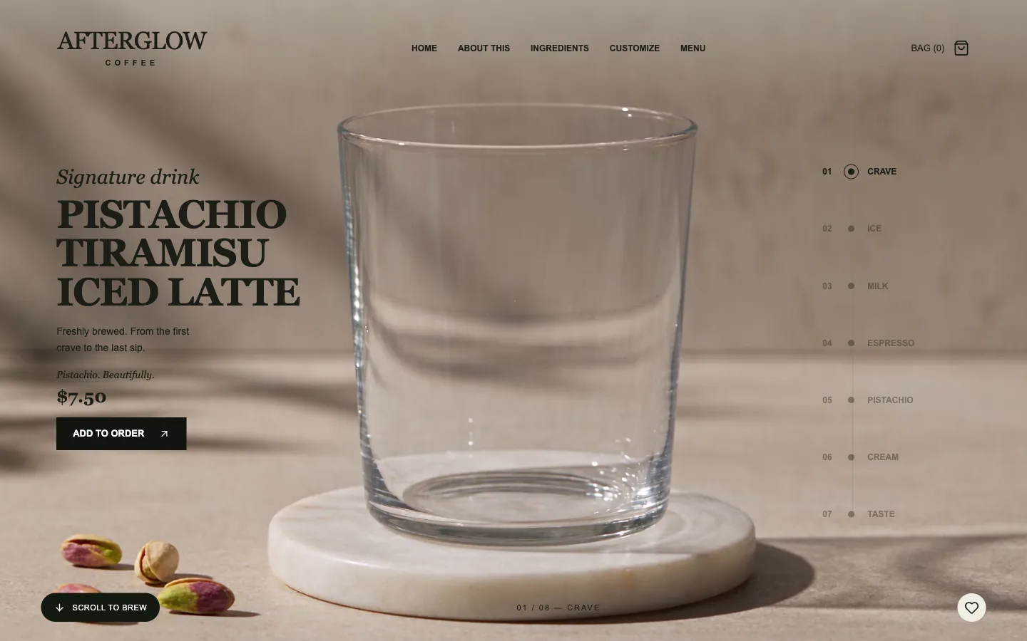 Afterglow Coffee home page: an empty glass on a marble coaster beside the headline “Pistachio Tiramisu Iced Latte” and an eight-step brewing list.