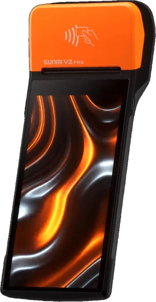 SUNMI V2 Pro running Platinera Terminal, with a new takeaway order on screen